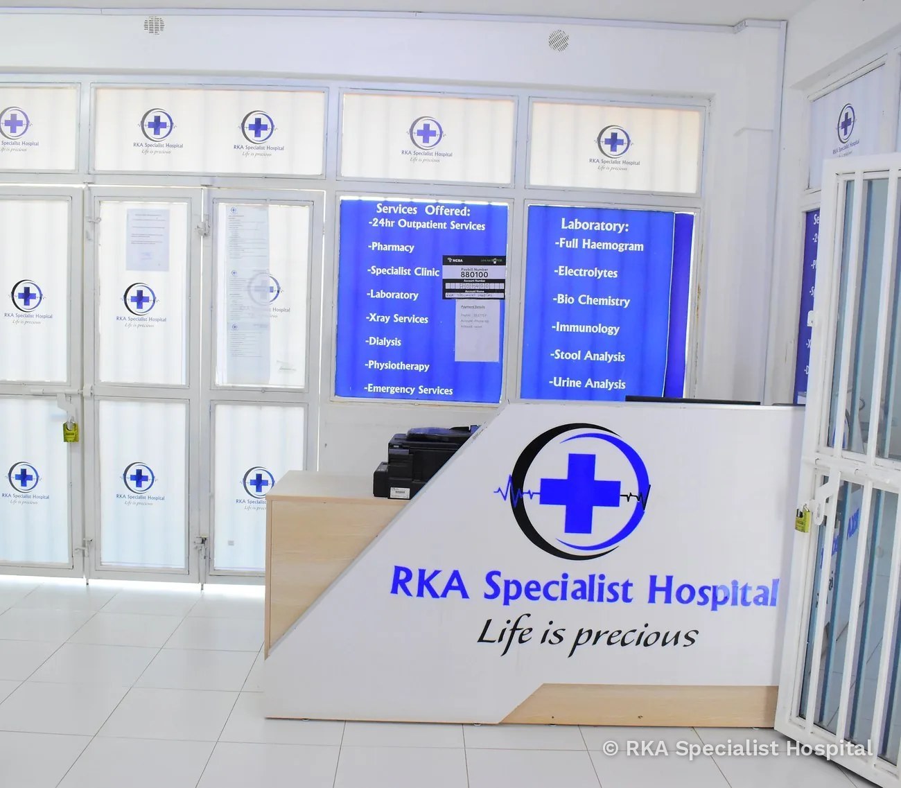 Reception area at RKA Specialist Hospital